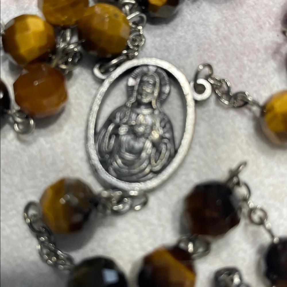 Vintage Silver and Brown Beaded Rosary Necklace